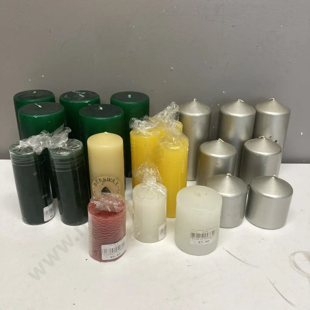 Assorted Candles, Green, Silver, Beeswax Etc Image 1++